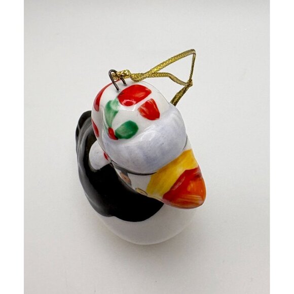 Vintage Ceramic Puffin Christmas Tree Ornament Handpainted with Santa Hat - Picture 7 of 8